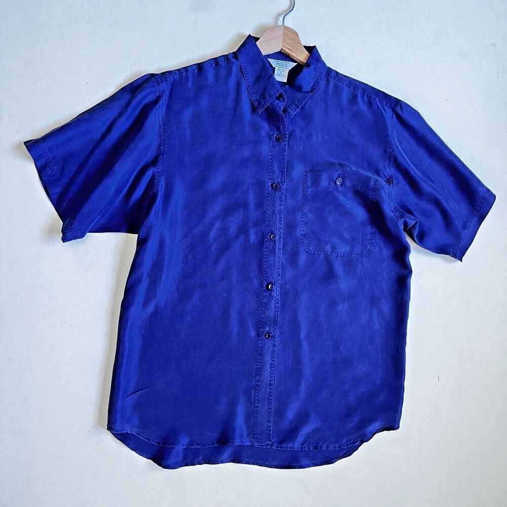 Pusilk 100% Silk men Shirt Retro blue purple Size XL Button Down Light